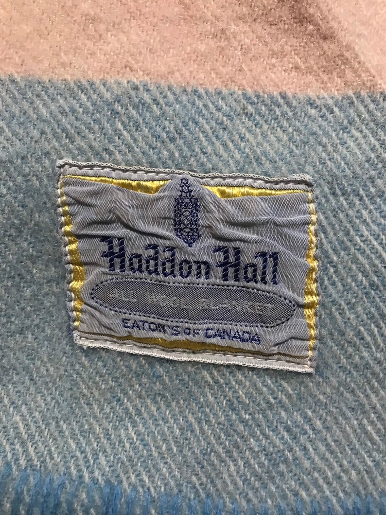 Vintage Haddon Hall All Wool Blanket, "5FT x 6FT", Beige/Pink/Green/Blue Striped Blanket, Eaton's of Canada image 2