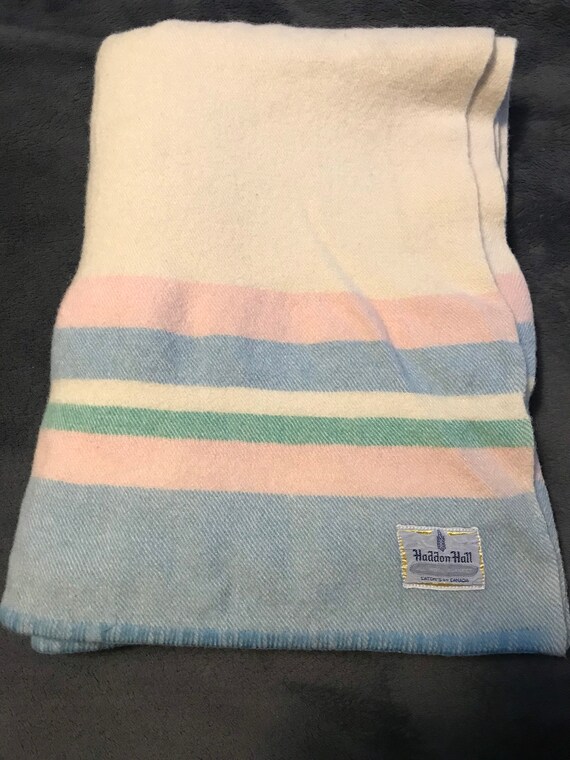 Vintage Haddon Hall All Wool Blanket, "5FT x 6FT", Beige/Pink/Green/Blue Striped Blanket, Eaton's of Canada
