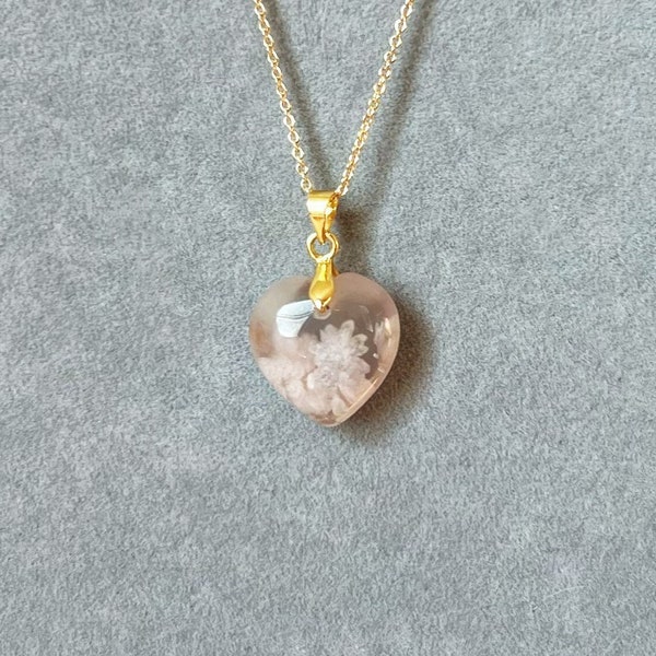 Natural flower agate necklace|Dainty flower agate heart necklace |Solid Gold |Rose gold |Sterling Silver|Gold filled chain