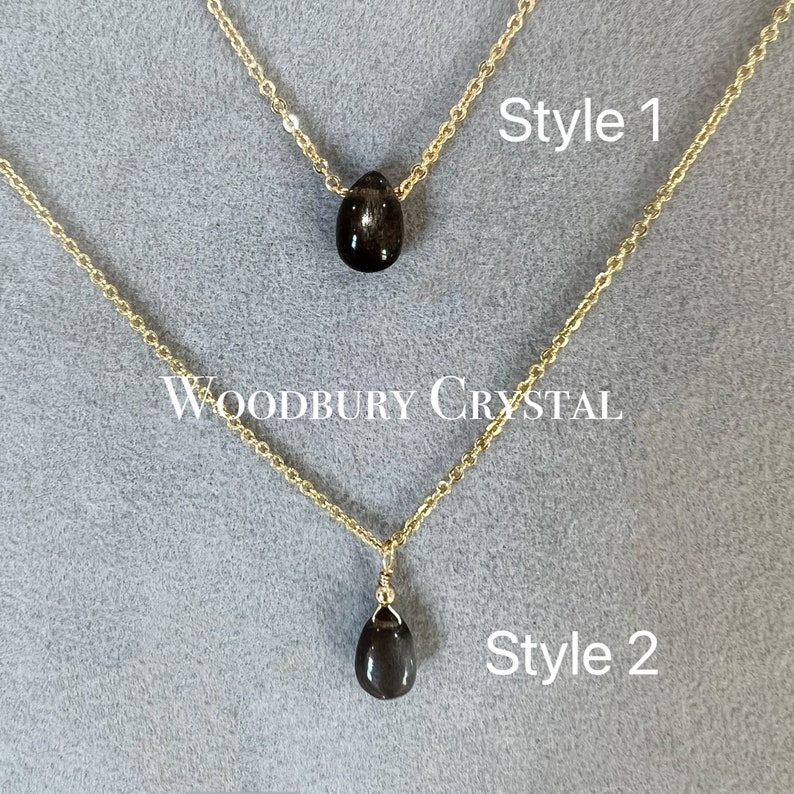 Black moonstone necklaceFlash moonstone Teardrop Crystal necklaceMinimalist pendantTiny necklace Silver necklace 14k Gold filled chain image 3