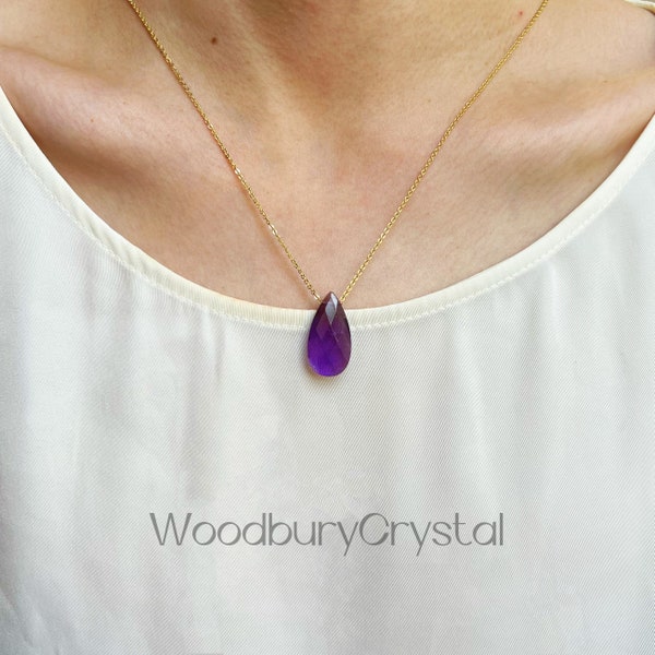 Natural Amethyst necklace|Dainty Amethyst tear drop necklace |18k Solid Gold |Rose gold |Sterling Silver|Gold filled chain