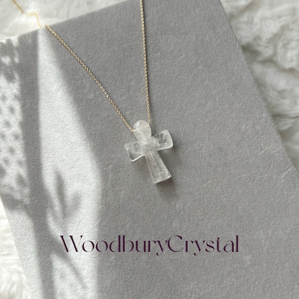 Natural Clear quartz Necklace|Clear quartz Cross pendant |Solid Gold |Rose gold |Sterling Silver|14k Gold filled chain|Healing jewelry