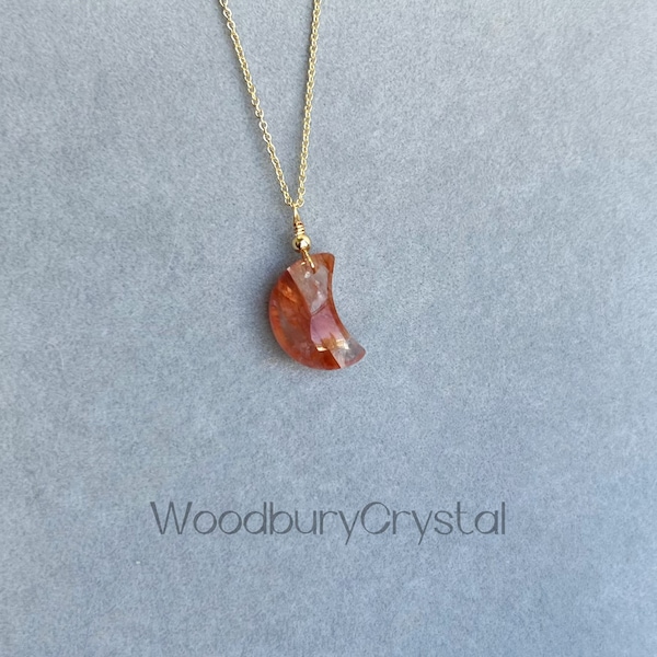 Natural Red Hematoid Quartz Necklace|Dainty Red Hematoid Quartz Moon Necklace |18k Solid Gold |Rose Gold |Sterling Silver|Gold Filled Chain