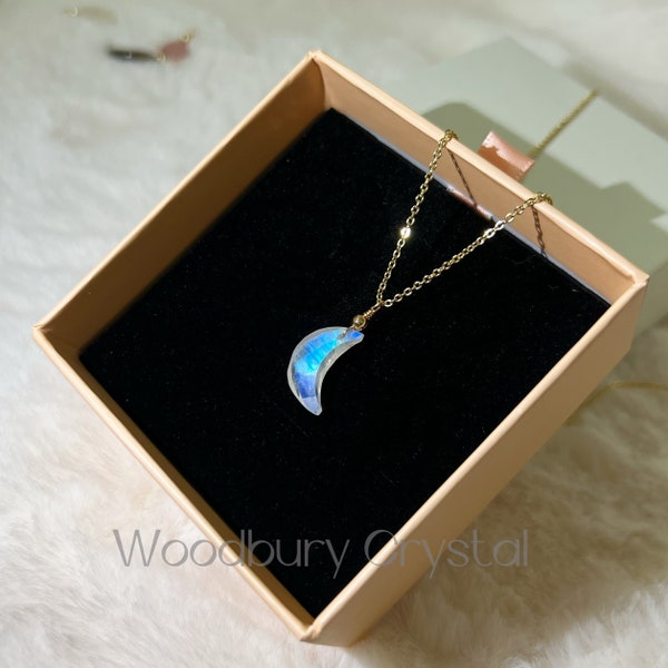 Collier en pierre de lune arc-en-ciel | Collier en croissant de pierre de lune Dainty | Véritable pierre de lune | Collier en argent | Collier rempli d'or 14 carats