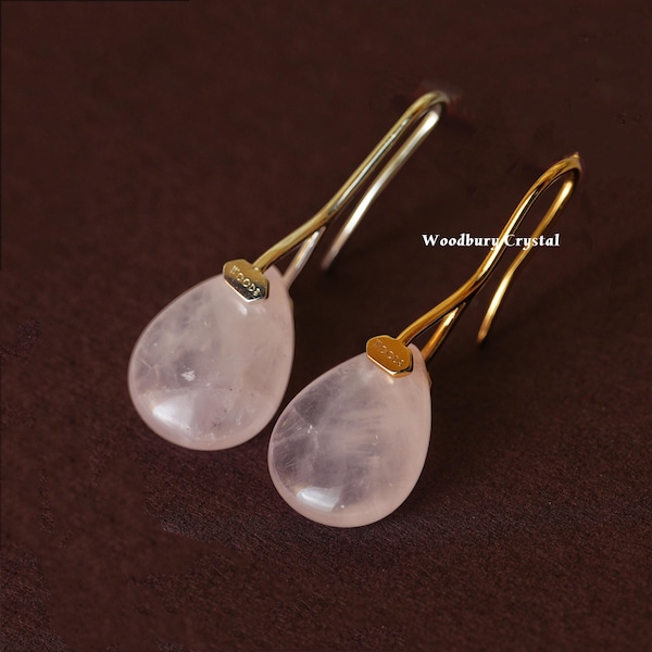 Natural Crystal Earrings | Rose Quartz Tear Drop Earrings | Healing Stone Dangle Jewelry Gift | Gold Earrings