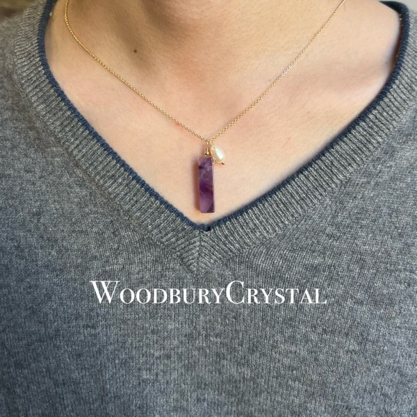 Stick bar Crystal Necklace|Natural Amethyst Necklace|Freshwater Pearl Necklace | Sterling silver necklace |14k gold filled chain