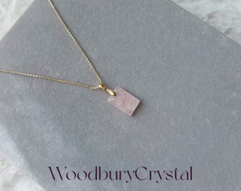 Collana rettangolare in quarzo rosa / Ciondoli in quarzo rosa naturale / Gioielli rosa / Collana riempita in oro 14k / Argento sterling / Oro rosa / Oro 18k