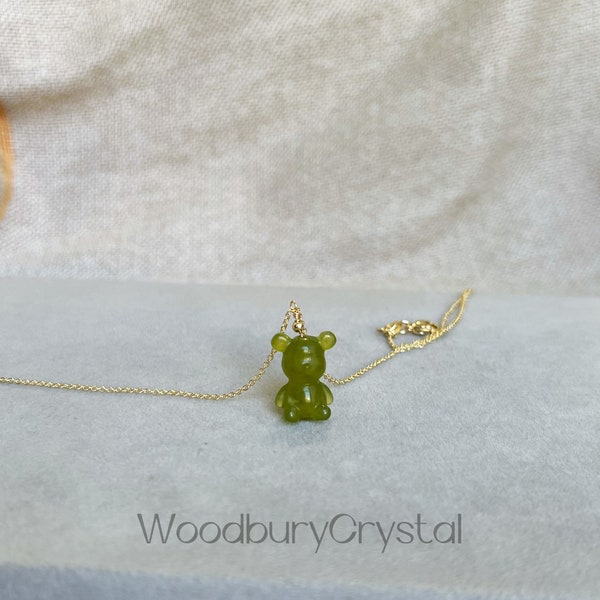 Natural Jade Gemstone Necklace| High Quality Jade Bear Necklace | Solid Gold |Rose Gold |Sterling Silver|Gold Filled Chain