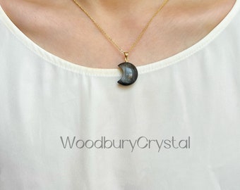Natural obsidian necklace|Dainty obsidian Moon necklace |18k Solid Gold |Rose gold |Sterling Silver|Gold filled chain