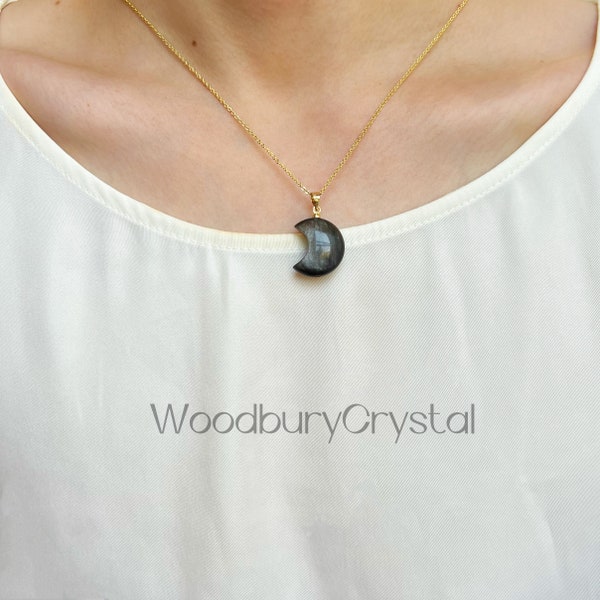 Natural obsidian necklace|Dainty obsidian Moon necklace |18k Solid Gold |Rose gold |Sterling Silver|Gold filled chain