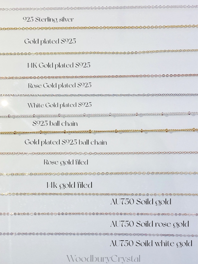 Puede incluir: Primer plano de diferentes tipos de collares de cadena, incluyendo plata de ley, chapado en oro, chapado en oro rosa, chapado en oro blanco y oro de 14 quilates. Las cadenas est&aacute;n dispuestas en filas, con el tipo de cadena listado debajo de cada fila. La imagen tambi&eacute;n incluye el texto "Woodbury Crystal".