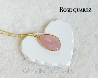 Natural rose quartz necklace|Healing crystal necklace |crystal pendant |14k gold filled Chain|Sterling silver necklace| Gift for women