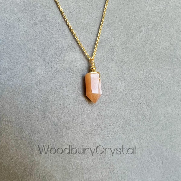 Natural Peach Moonstone Necklace| Dainty Crystal Bullet Necklace | Solid Gold |Rose gold |Sterling Silver|Gold Filled Chain