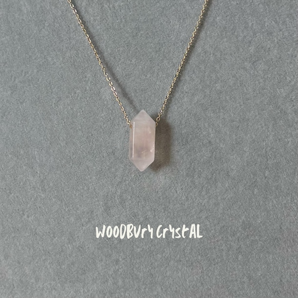 Ciondoli in quarzo rosa naturale/Ciondolo in cristallo a doppia punta/Gioielli curativi/Collana riempita in oro 14k/Argento sterling/Oro rosa