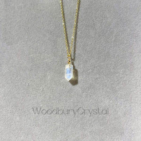 Natural rainbow moonstone Necklace|Dainty crystal bullet necklace |Solid Gold |Rose gold |Sterling Silver|Gold filled chain