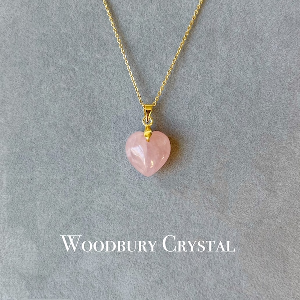 Collar de cuarzo rosa natural / collar de corazón de cuarzo rosa delicado / oro sólido / oro rosa / plata esterlina / cadena llena de oro de 14k / joyería rosa