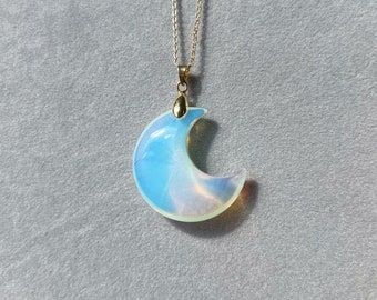 Large Opalite Crescent Necklace|Dainty Opalite moon necklace |Solid Gold |Rose gold |Sterling Silver|Gold filled chain