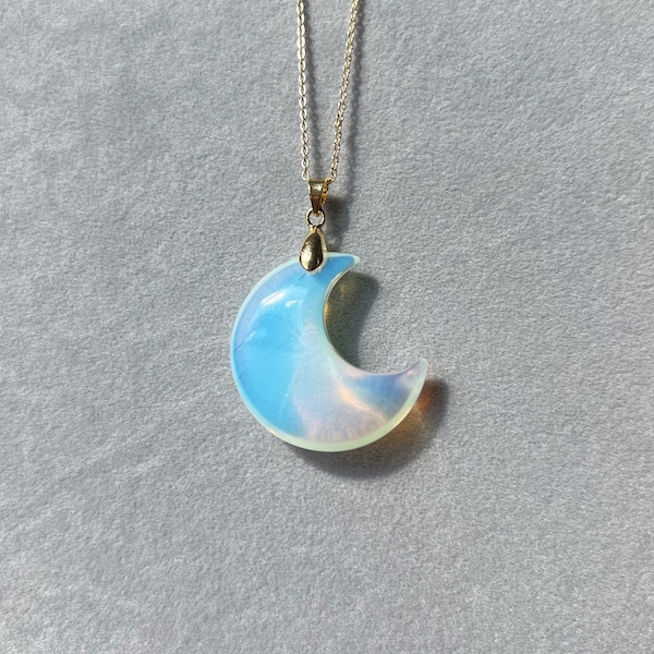 Large Opalite Crescent Necklace|Dainty Opalite moon necklace |Solid Gold |Rose gold |Sterling Silver|Gold filled chain