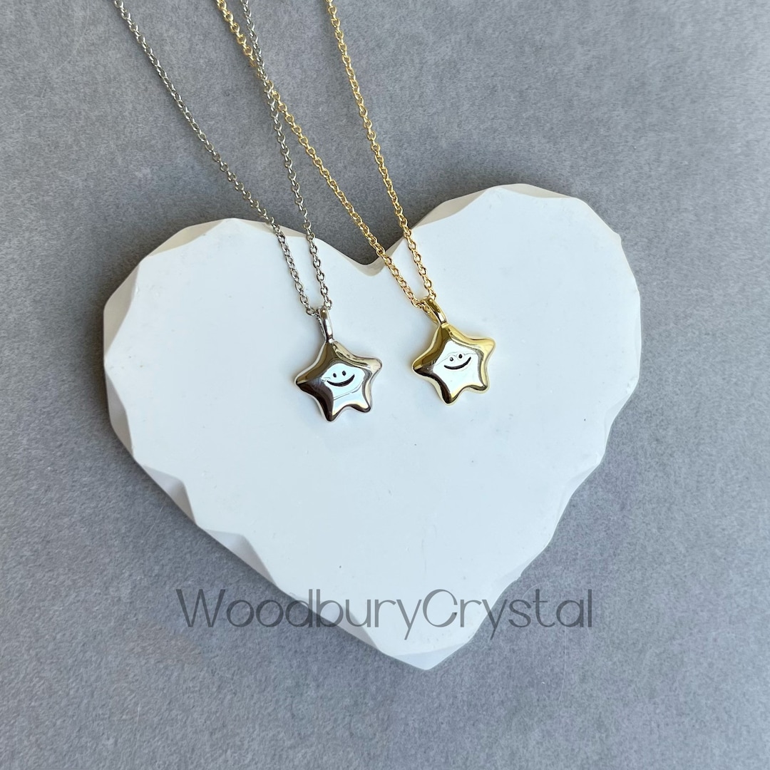 Dainty 925 Sterling Silver Necklace Smiley Face Lucky Star Pendant