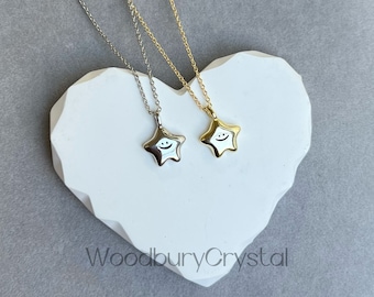 Dainty 925 Sterling Silver Necklace | Smiley Face Lucky Star Pendant | Solid Gold Plated | Whole Pendant Made of 925 Silver | 18k Solid Gold