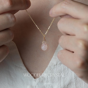 Dainty Rose Quartz Crystal Necklace| Tiny Teardrop Pendant Necklace | Natural Rose Quartz Healing Necklace | Handmade Necklace |Gift for Her