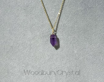 Natural Amethyst Necklace|Dainty crystal bullet necklace |Solid Gold |Rose gold |Sterling Silver|Gold filled chain