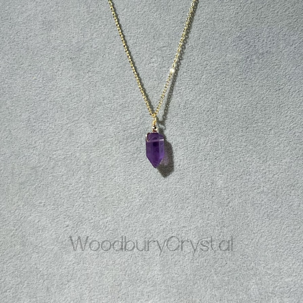 Natural Amethyst Necklace|Dainty crystal bullet necklace |Solid Gold |Rose gold |Sterling Silver|Gold filled chain