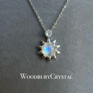 Natural rainbow moonstone necklace |sunflower pendant |925 Sterling silver charm|Dainty crystal necklace |14k gold filled chain