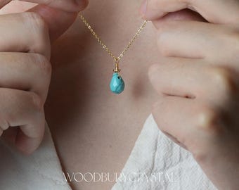 May include: A gold chain necklace with a turquoise teardrop pendant.