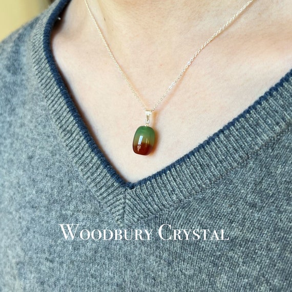 Barrel Peacock Agate Pendant Necklace | Unique Crystal Necklace with Stunning Green and Red Shades | 14K Gold | Sterling Silver