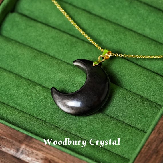 Obsidian Moon Necklace | Crescent Pendant Crystal Jewelry | Black