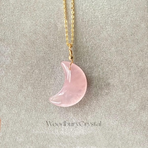 Natural Rose Quartz Crescent Necklace|Dainty Rose quartz moon necklace |Solid Gold |Rose gold |Sterling Silver|Gold filled chain