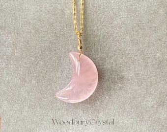 Collier croissant de quartz rose naturel| Délicat collier de lune en quartz rose | | en or massif | en or rose Argent sterling| Chaîne remplie d’or