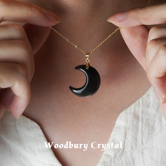 Obsidian Moon Necklace | Crescent Pendant Crystal Jewelry | Black