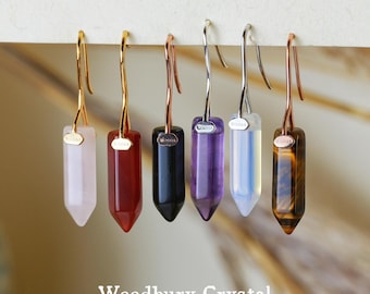 Natural Crystal Point Earrings | Rose Quartz Carnelian Obsidian Amethyst Tiger's Eye | Healing Stone Dangle Jewelry Gift | Boho Jewelry Gift