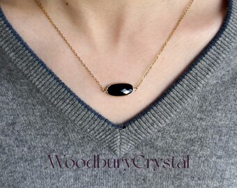 Collar de barra de ágata negra natural/Collar de cristal curativo /colgante de cristal /Cadena llena de oro de 14k /Collar de plata de ley/ Regalo para mujeres