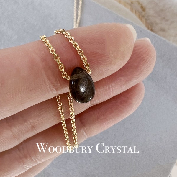 Black moonstone necklace|Flash moonstone Teardrop Crystal necklace|Minimalist pendant|Tiny necklace |Silver necklace |14k Gold filled chain