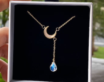 Dainty Rainbow moonstone necklace|Dainty teardrop pendants |Natural mother  of Pearl Crescent necklace