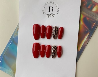 24 pcs Red Leopard press on nails