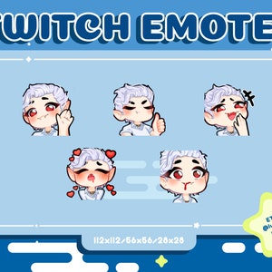 May include: Set of five Twitch emotes featuring a white-haired character with red eyes and different expressions. The emotes are in various sizes, including 112x112, 66x66, 56x56, and 28x28 pixels. The emotes are designed for use on Twitch.