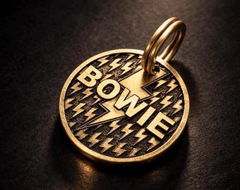 Personalized Brass Pet ID Tag, lightning bolt Engraved Dog Cat Collar Tag medium large 25mm 30mm