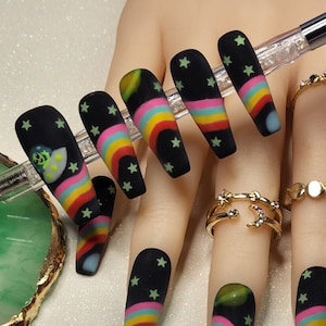 Rainbow Space Alien Matte Black Glow In The Dark Custom Press On Nails | Glue on nails | False Nails