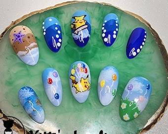 Kawaii Anime Surfing/Flying Yellow Mouse Inspired Nails Custom Press On Nails