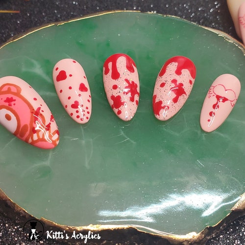 Gloomy Bear Inspired Bloody Pink Press On Nails Glue On Etsy