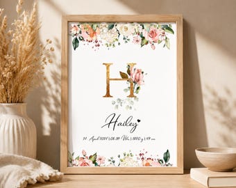 Baby gift, birth details, birth announcement, birth poster, customizable with frame #127