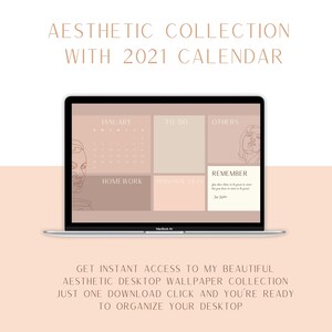 May include: A laptop screen displaying a desktop wallpaper collection with a calendar for January 2021, to-do lists, and personal files sections. The wallpaper features a minimalist design with line art of a woman's face and the text "Remember you don't have to be great to start, but you have to start to be great."