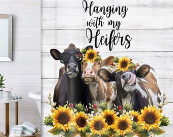 Farm Cattle with Sunflowers on Rustic Wooden Board Farmhouse Style Bathroom Decoration Bath Curtain MERCHR Funny Bathing Cow Shower Curtain Waterproof Fabric Bathroom Curtain Sets with Hooks