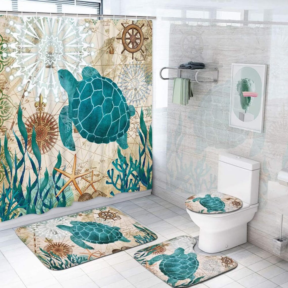Sea Turtle Shower Curtain Sets with NonSlip Rugs Toilet Lid Etsy
