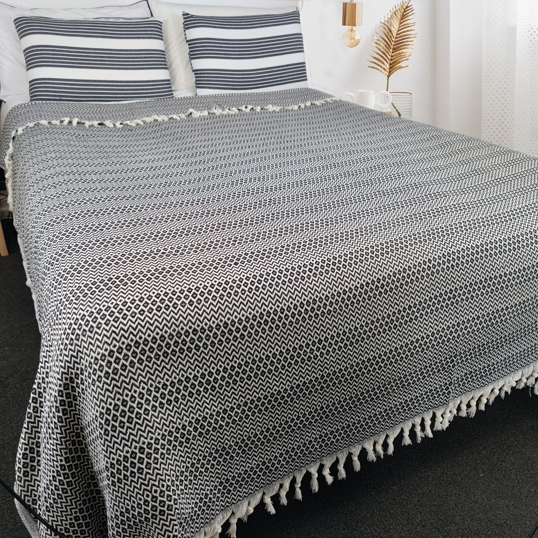 BED THROW King Size Blanket, Black Colour, Handmade 100 TURKISH