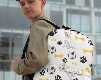 Labrador Backpack White | Soccer Ball Paw Print Dog Bag | Labrador Gift | Dog Mum Dad Kids Gift | Yellow Lab Lover School Backpack Gift